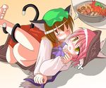  animal_ears bandages barefoot blush bowl breath cat_ears cat_tail chen crab des food hat heavy_breathing imagining multiple_girls multiple_tails mystia_lorelei no_panties oden prehensile_tail shrimp sleep_talking tail tail_wrap touhou yuri 