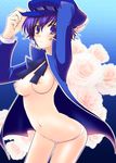  blue_eyes blue_hair breasts cabbie_hat flower hat medium_breasts mika_mikan nipples open_clothes panties persona persona_4 rose shirogane_naoto short_hair solo underwear 