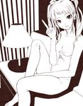  :p barefoot breasts earrings greyscale hands jewelry kujikawa_rise long_hair monochrome nude persona persona_4 sitting solo tongue tongue_out twintails v yada_ei 