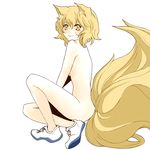  animal_ears bad_id bad_pixiv_id blonde_hair fox_ears fox_tail goldregen multiple_tails no_socks nude shoes short_hair simple_background sitting smile sneakers solo tail touhou white_background yakumo_ran yellow_eyes 