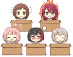  ... 5girls :d =_= ^_^ afterglow_(bang_dream!) aoba_moca aqua_eyes arm_up bang_dream! bangs black_hair blazer blue_neckwear blush blush_stickers bob_cut box brown_eyes brown_hair cardboard_box clenched_hand closed_eyes closed_mouth commentary_request eyebrows_visible_through_hair fire flying_sweatdrops grey_hair grey_jacket hair_between_eyes haneoka_school_uniform hazawa_tsugumi highres in_box in_container jacket jitome long_hair long_sleeves looking_at_viewer looking_away low_twintails mitake_ran multicolored_hair multiple_girls necktie nose_blush open_mouth pink_hair purple_eyes red_hair school_uniform shirt short_hair sidelocks simple_background smile spoken_ellipsis streaked_hair striped striped_neckwear sweatdrop symbol-shaped_pupils teen_(teen629) twintails udagawa_tomoe uehara_himari upper_body wavy_mouth white_background white_shirt |d 