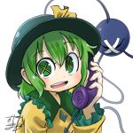 1girl avatar_icon bandaid black_headwear bow chamaji commentary_request eyeball eyebrows_visible_through_hair frilled_shirt_collar frilled_sleeves frills green_eyes green_hair hair_between_eyes hat hat_bow holding holding_phone komeiji_koishi looking_at_viewer lowres mary-san partial_commentary phone shirt short_hair sidelocks signature solo string symbol-shaped_pupils third_eye touhou upper_body white_background x_x yellow_bow yellow_shirt 