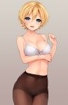  1girl bangs blonde_hair blue_eyes bra braid breast_hold breasts collarbone crotch_seam darjeeling_(girls_und_panzer) girls_und_panzer gradient gradient_background harino646 medium_breasts navel neck panties panties_under_pantyhose pantyhose short_hair smile string_bra tied_hair underwear white_bra white_panties 