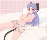  1girl bed_sheet black_bow bloomers blue_hair bow cat_tail covering covering_breasts crossed_arms eyebrows_visible_through_hair feet_out_of_frame flat_chest hair_bow hiwonoafu len long_hair looking_at_viewer lying melty_blood navel on_back pillow pointy_ears red_eyes solo tail topless tsukihime underwear 