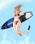  1girl absurdres bikini blonde_hair blue_background breasts commentary_request error fate/grand_order fate_(series) finger_gun from_below green_eyes groin highres jumping looking_at_viewer mordred_(fate)_(all) mordred_(swimsuit_rider)_(fate) navel negajo ponytail red_bikini sandal_removed sandals shoes side-tie_bikini single_shoe small_breasts solo splashing surfboard swimsuit underboob wrong_feet 