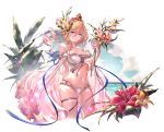  1girl ass_visible_through_thighs bangs bare_shoulders beach bikini blonde_hair blue_eyes blush breasts cleavage closed_mouth collarbone commentary_request cowboy_shot day europa_(granblue_fantasy) flower granblue_fantasy hair_between_eyes hair_flower hair_ornament highres large_breasts lily_(flower) lips looking_at_viewer midriff navel outdoors red_flower short_hair skindentation solo standing swimsuit tiara white_bikini yellow_flower yu_pian 