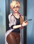  1girl alternate_costume bespectacled blonde_hair blue_eyes blushy-pixy bracelet breasts cleavage clipboard commentary dr._ziegler_(overwatch) english_commentary glasses jewelry labcoat lips looking_at_viewer medium_breasts mercy_(overwatch) open_mouth opening_door overwatch pants short_hair sleeves_rolled_up smile solo stethoscope updo 
