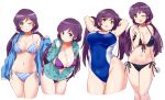 1girl ;o arms_up bare_arms bare_shoulders bikini black_bikini blue_bikini blue_jacket blue_swimsuit breasts cleavage competition_swimsuit covered_navel cropped_legs front-tie_bikini front-tie_top green_eyes hair_ornament hair_scrunchie highres jacket kurokawa_makoto large_breasts leaning_forward long_hair long_sleeves looking_at_viewer love_live! love_live!_school_idol_project low_twintails multiple_views navel one-piece_swimsuit one_eye_closed open_mouth purple_bikini purple_hair scrunchie side-tie_bikini simple_background smile swimsuit toujou_nozomi twintails white_background 