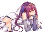  1girl absurdres bangs breasts detached_sleeves fate/grand_order fate_(series) fur-trimmed_dress fur_trim hair_between_eyes head_in_hand headpiece highres looking_at_viewer lying medium_breasts on_side onceskylark ponytail purple_hair purple_ribbon red_eyes ribbon scathach_(fate)_(all) scathach_skadi_(fate/grand_order) simple_background smile solo thighhighs thighs tiara white_background 