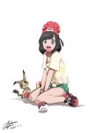  1girl :d absurdres bangs between_legs black_hair dated eyebrows_visible_through_hair gen_7_pokemon gorgeous_mushroom green_shorts grey_eyes hand_between_legs hat highres looking_at_viewer mimikyu mizuki_(pokemon) open_mouth poke_ball poke_ball_(generic) pokemon pokemon_(game) red_footwear red_headwear shirt shoes short_sleeves shorts signature simple_background sitting smile solo swept_bangs tied_shirt wariza white_background yellow_shirt 