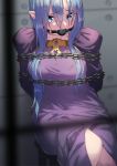  ball_gag bdsm blue_eyes blue_hair bondage bound caster chain commentary_request dress fate/stay_night fate_(series) gag highres jonsun long_hair pointy_ears purple_dress restrained robe tied_up 