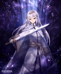  1girl cape copyright_name hair_ornament holding holding_sword holding_weapon long_hair long_sleeves masaki_(monster) outdoors pixiv_fantasia pixiv_fantasia_age_of_starlight purple_empress_ranrei purple_eyes silver_hair solo standing sword weapon white_cape wide_sleeves 