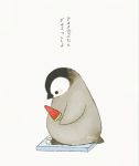  ayu_(mog) bathroom_scale bird blush chick commentary emperor_penguin food from_side holding original penguin popsicle signature simple_background translation_request watermelon_bar weighing_scale weight_conscious white_background 
