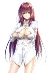 1girl blush bottomless breasts dress_shirt fate/grand_order fate_(series) highres large_breasts long_hair looking_at_viewer mitsugu naked_shirt no_bra no_panties open_clothes open_shirt opened_by_self purple_hair red_eyes scathach_(fate)_(all) scathach_(fate/grand_order) shirt shirt_tug simple_background smile solo white_background white_shirt 