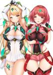  2girls armor arms_up ass_visible_through_thighs bangs blonde_hair blush breast_hold breasts chestnut_mouth cleavage covered_navel cowboy_shot dress dual_persona eyebrows_visible_through_hair fingerless_gloves gem gloves hair_ornament headpiece highres hikari_(xenoblade_2) homura_(xenoblade_2) huge_breasts jewelry large_breasts long_hair looking_at_viewer multiple_girls okatora open_mouth red_eyes red_hair red_legwear red_shorts short_hair short_shorts shorts skindentation swept_bangs thigh_strap thighhighs tiara xenoblade_(series) xenoblade_2 yellow_eyes 