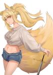  1girl absurdres alternate_costume animal_ear_fluff animal_ears arknights bangs blonde_hair blue_shorts chinese_commentary commentary_request cowboy_shot crop_top eyebrows_visible_through_hair fox_ears fox_tail grey_sweater groin hair_between_eyes head_tilt highres large_tail lewenxijian long_hair long_sleeves looking_at_viewer midriff navel nearl_(arknights) orange_eyes parted_lips partial_commentary planted_sword planted_weapon ponytail puffy_sleeves short_shorts shorts sidelocks solo standing stomach sweater sword tail thighs weapon 