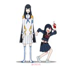  2girls asakusa_midori bangs black_hair dancing derivative_work eizouken_ni_wa_te_wo_dasu_na! fingerless_gloves gloves grin h3rz4rl height_difference highres junketsu kanamori_sayaka kill_la_kill kiryuuin_satsuki living_clothes long_hair matoi_ryuuko midriff multicolored_hair multiple_girls open_mouth pleated_skirt sanpaku school_uniform senketsu shoes simple_background single_glove skirt smile sneakers suspenders twitter_username two-tone_hair white_background 