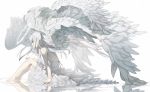 1girl angel bare_shoulders blue_eyes detached_wings dress feathers frills halo highres long_hair looking_to_the_side multiple_wings original reflection ripples sidelocks sitting solo sundress water white_dress white_hair wings yuzua 