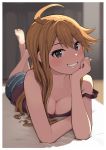  1girl ahoge bangs bare_shoulders barefoot blue_eyes blue_shorts blurry blush breasts brown_hair brown_tank_top cleavage collarbone depth_of_field face feet_up foreshortening idolmaster idolmaster_million_live! large_breasts long_hair looking_at_viewer lying omaru_gyuunyuu on_stomach shorts smile soles solo tank_top the_pose toes tokoro_megumi 