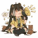  1girl ahoge animal animal_ears artist_request bear bear_ears black_gloves black_hair black_legwear blush fingerless_gloves girls_frontline gloves heterochromia holding_megaphone indian_style jacket long_hair megaphone multicolored_hair musical_note open_mouth ro635_(girls_frontline) simple_background sitting spoken_musical_note streaked_hair white_background white_hair yellow_eyes yellow_jacket 