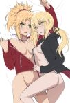  2girls artoria_pendragon_(all) ass bangs blonde_hair blush bottomless braid breasts collarbone eyebrows_visible_through_hair fang fate/apocrypha fate/grand_order fate_(series) father_and_son green_eyes hair_between_eyes hair_ornament hair_ribbon hair_scrunchie highres jacket looking_at_viewer lying medium_breasts mordred_(fate) mordred_(fate)_(all) multiple_girls naked_coat off-shoulder_jacket on_back open_mouth red_jacket red_scrunchie ribbon saber_alter scrunchie sketch tonee yellow_eyes yuri 