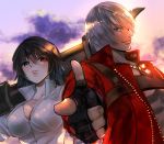  1boy 1girl black_hair blue_eyes breasts cleavage closed_mouth dante_(devil_may_cry) devil_may_cry devil_may_cry_3 fingerless_gloves gloves heterochromia jacket kalina_ann_(weapon) lady_(devil_may_cry) large_breasts looking_at_viewer nagare red_eyes scar short_hair smile weapon white_hair 