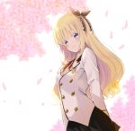 1girl arm_behind_back bangs black_ribbon black_skirt blazer blonde_hair blue_eyes blurry blurry_background blush bow breasts cherry_blossoms closed_mouth commentary_request depth_of_field dutch_angle eyebrows_visible_through_hair flower hair_ribbon highres jacket juliet_persia kishuku_gakkou_no_juliet long_hair long_sleeves looking_at_viewer natsupa petals pink_flower pleated_skirt red_bow ribbon school_uniform skirt small_breasts smile solo striped striped_bow very_long_hair white_background white_jacket 