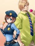  1boy 1girl blonde_hair blue_eyes breasts brown_hair closed_mouth cosplay hat jill_valentine leon_s_kennedy looking_at_viewer nagare resident_evil resident_evil_1 resident_evil_2 short_hair simple_background smile zootopia 