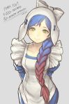  1girl apron arms_behind_back blue_hair braid closed_mouth fire_emblem fire_emblem_fates followers gradient_hair grey_background hair_over_shoulder lilith_(fire_emblem) long_hair marfrey multicolored_hair red_hair simple_background single_braid smile solo yellow_eyes 