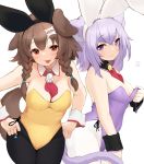  2girls ahoge animal_ear_fluff animal_ears bangs bare_shoulders black_legwear blush bone_hair_ornament bow bowtie braid breasts brown_eyes brown_hair bunny_ears bunny_girl bunnysuit cat_ears cat_girl cat_tail cleavage closed_mouth covered_navel cowboy_shot detached_collar dog_ears dog_girl dog_tail hair_between_eyes highres hololive inugami_korone leotard long_hair looking_at_viewer low_twin_braids medium_breasts multiple_girls nejime nekomata_okayu pantyhose purple_eyes purple_hair purple_leotard red_neckwear short_hair signature simple_background smile tail tongue tongue_out twin_braids virtual_youtuber white_background white_legwear wrist_cuffs yellow_leotard 