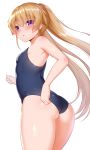 1girl adjusting_clothes adjusting_swimsuit ao_no_kanata_no_four_rhythm arisaka_mashiro armpits ass blush breasts brown_hair commentary_request from_behind highres long_hair looking_back one-piece_swimsuit open_mouth pink_eyes school_swimsuit simple_background small_breasts solo swimsuit thick_thighs thighs twintails white_background zirba 