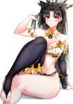  1girl armlet asymmetrical_legwear asymmetrical_sleeves bangs bare_shoulders black_bikini_bottom black_bow black_hair blush bow breasts bridal_gauntlets cleavage closed_mouth collarbone detached_collar detached_sleeves earrings fate/grand_order fate_(series) gold_trim hair_bow hand_up highres hoop_earrings ishtar_(fate)_(all) ishtar_(fate/grand_order) jewelry knee_up long_hair looking_at_viewer medium_breasts navel neck_ring parted_bangs red_eyes simple_background single_detached_sleeve single_thighhigh sitting smile solo thighhighs thighlet tiara two_side_up white_background white_bikini_top yuu-kun_(linke_hand) 