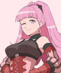  1girl closed_mouth earrings fire_emblem fire_emblem:_three_houses gloves grimmelsdathird highres hilda_valentine_goneril jewelry long_hair one_eye_closed pink_eyes pink_hair ponytail red_gloves simple_background solo upper_body 