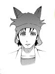  1boy absurdres animal_ears black_hair cat_ears facial_hair grey_shirt greyscale highres labcoat male_focus monochrome okabe_rintarou shirt solo source_request steins;gate 