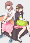  2girls :d animal_pillow black_footwear black_hoodie black_legwear blue_footwear brown_hair frog_hair_ornament hair_ornament hasunoue_keroppi highres hood hoodie ichii_maina kero_kero_keroppi long_skirt multiple_girls open_mouth oshi_ga_budoukan_itte_kuretara_shinu pink_skirt print_hoodie purple_eyes s_c_k salmon_hair_ornament short_twintails sitting skirt smile socks twintails two_side_up white_hoodie white_legwear yokota_aya 