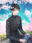  1boy :d artist_name bishounen black_eyes black_hair black_jacket black_pants blue_sky blurry blurry_background blush branch cherry_blossoms cloud cloudy_sky commentary day depth_of_field eyebrows_visible_through_hair fingernails flower gearous grass happy highres holding holding_thermos jacket katsuki_yuuri lips looking_at_viewer male_focus open_mouth outdoors pants petals pink_flower sitting sky smile spring_(season) symbol_commentary teeth thermos track_jacket track_pants tree_branch upper_body upper_teeth wind wind_lift yuri!!!_on_ice 