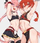  2boys alexander_(fate/grand_order) armpits arms_up astolfo_(fate) black_legwear braid breath bulge covered_nipples covered_penis crop_top crossdressing fate/apocrypha fate/grand_order fate_(series) jtveemo licking_lips looking_at_viewer miniskirt multicolored_hair multiple_boys navel otoko_no_ko pelvic_curtain pink_hair purple_eyes red_eyes red_hair skirt smile spread_armpit stomach streaked_hair thighhighs toned tongue tongue_out zettai_ryouiki 
