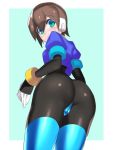  1girl aile ass blush bodystocking bodysuit breasts brown_hair eyebrows_visible_through_hair fingerless_gloves from_below gloves looking_at_viewer no_pants protected_link robot_ears rockman rockman_zx short_hair simple_background solo spandex sweatdrop ukimukai 