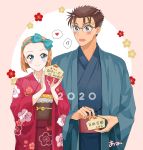  !? 1boy 1girl 2020 arch_lapin bandaid bandaid_on_forehead blue_eyes blue_kimono blunt_ends bob_cut bow brown_hair character_name chinese_zodiac closed_mouth commentary couple dark_skin ema floral_print glasses green_bow green_hairband hair_bow hair_pulled_back hairband haori heart hetero highres holding japanese_clothes kimono kyougoku_makoto light_frown long_sleeves looking_at_another looking_at_viewer meitantei_conan obi open_mouth red_kimono sash smile spoken_heart spoken_interrobang standing suzuki_sonoko translated wide_sleeves year_of_the_rat 