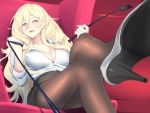  1girl bdsm blonde_hair blue_eyes bondage bound breasts chair cleavage collared_shirt crossed_legs dress_shirt femdom hair_between_eyes high_heels holding_whip indoors kantai_collection large_breasts long_hair mole mole_under_eye mole_under_mouth office_lady open_mouth pantyhose pencil_skirt richelieu_(kantai_collection) shingyo shirt sitting skirt wavy_hair whip white_shirt 