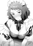  1girl bangs bob_cut breasts cleavage commentary_request detached_collar frilled_sleeves frills gradient gradient_background greyscale head_tilt highres hizuki_akira kawakami_sadayo large_breasts looking_at_viewer maid maid_headdress monochrome neck_ribbon persona persona_5 puffy_short_sleeves puffy_sleeves ribbon short_hair short_sleeves solo standing strap_slip swept_bangs upper_body v_arms 