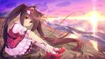  1girl :3 absurdres animal_ears arthur_ishii bangs beach blush brown_hair cat_ears cat_tail chocola_(nekopara) cloud cloudy_sky frills hair_ornament hair_ribbon highres long_hair looking_at_viewer nekopara purple_sky ribbon sitting sky smile socks solo sparkle sun_glare sunset tail tears tidal_wave yellow_eyes 