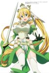  1girl absurdres artist_request bare_shoulders blonde_hair blush braid breasts dress garter_straps green_eyes highres leafa long_hair looking_at_viewer megami official_art pointy_ears ponytail shiny shiny_hair simple_background smile solo standing sword sword_art_online sword_art_online_alicization thighhighs twin_braids very_long_hair weapon white_background white_legwear 