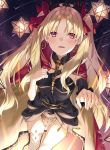  1girl artist_name asymmetrical_legwear asymmetrical_sleeves bangs between_breasts black_legwear black_leotard blonde_hair bow breasts buckle cape collarbone comet commentary detached_collar detached_sleeves dutch_angle earrings ereshkigal_(fate/grand_order) eyebrows_visible_through_hair eyelashes fate/grand_order fate_(series) fingernails fur-trimmed_cape fur_trim groin hair_bow hand_on_breast hand_up infinity jewelry kuroki_(ma-na-tu) lantern leotard light_particles light_rays light_smile long_hair looking_at_viewer lower_teeth medium_breasts multicolored multicolored_cape multicolored_clothes necklace open_mouth outstretched_arm parted_bangs red_bow red_cape red_eyes shiny shiny_hair single_detached_sleeve single_sleeve single_thighhigh skull sky solo space spine star star_(sky) starry_sky thighhighs tiara two_side_up very_long_hair yellow_cape 