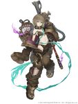 1girl absurdres aqua_eyes belt bob_cut boots brown_hair collar eyebrows_visible_through_hair flat_chest full_body gas_mask gretel_(sinoalice) hansel_(sinoalice) highres ji_no jumpsuit looking_at_viewer navel official_art oversized_clothes short_hair sinoalice sleeves_past_wrists solo square_enix torn_clothes underwear upper_teeth white_background 