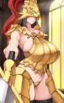  artist_request breasts covered_eyes dantes_ward dark_souls dragon_slayer_ornstein genderswap genderswap_(mtf) highres large_breasts panties polearm pov revealing_clothes reverse_bikini_armor reverse_outfit souls_(from_software) spear underwear weapon 