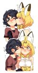  2girls animal_ears black_gloves black_hair blonde_hair blush cheek_kiss eyebrows_visible_through_hair gloves highres initsukkii kaban_(kemono_friends) kemono_friends kiss multiple_girls one_eye_closed ribbon serval_(kemono_friends) short_hair smile yuri 