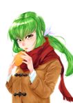  1girl bokkusu breasts c.c. code_geass eating green_hair jacket long_hair looking_at_viewer open_mouth simple_background solo white_background yellow_eyes 