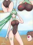  1boy 1girl armor ass breasts brown_hair competition_swimsuit cosplay green_eyes green_hair heart heart_eyes homura_(xenoblade_2) homura_(xenoblade_2)_(cosplay) large_breasts long_hair looking_at_viewer louise_(ydgv2724) one-piece_swimsuit pneuma_(xenoblade_2) ponytail pose rex_(xenoblade_2) shoulder_armor smile swimsuit thighs very_long_hair wings xenoblade_(series) xenoblade_2 