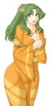  1girl archived_source bangs brown_eyes collarbone curvy earrings elincia_ridell_crimea eyebrows_visible_through_hair eyes_visible_through_hair facing_to_the_side fire_emblem fire_emblem:_path_of_radiance fire_emblem:_radiant_dawn fire_emblem_heroes flower green_hair hair_flower hair_ornament hand_on_own_chest happy highres holding_own_wrist japanese_clothes jewelry kimono light_blush long_hair looking_at_viewer open_mouth orange_kimono parted_bangs ponytail smile solo transparent_background tridisart wide_hips yellow_eyes 